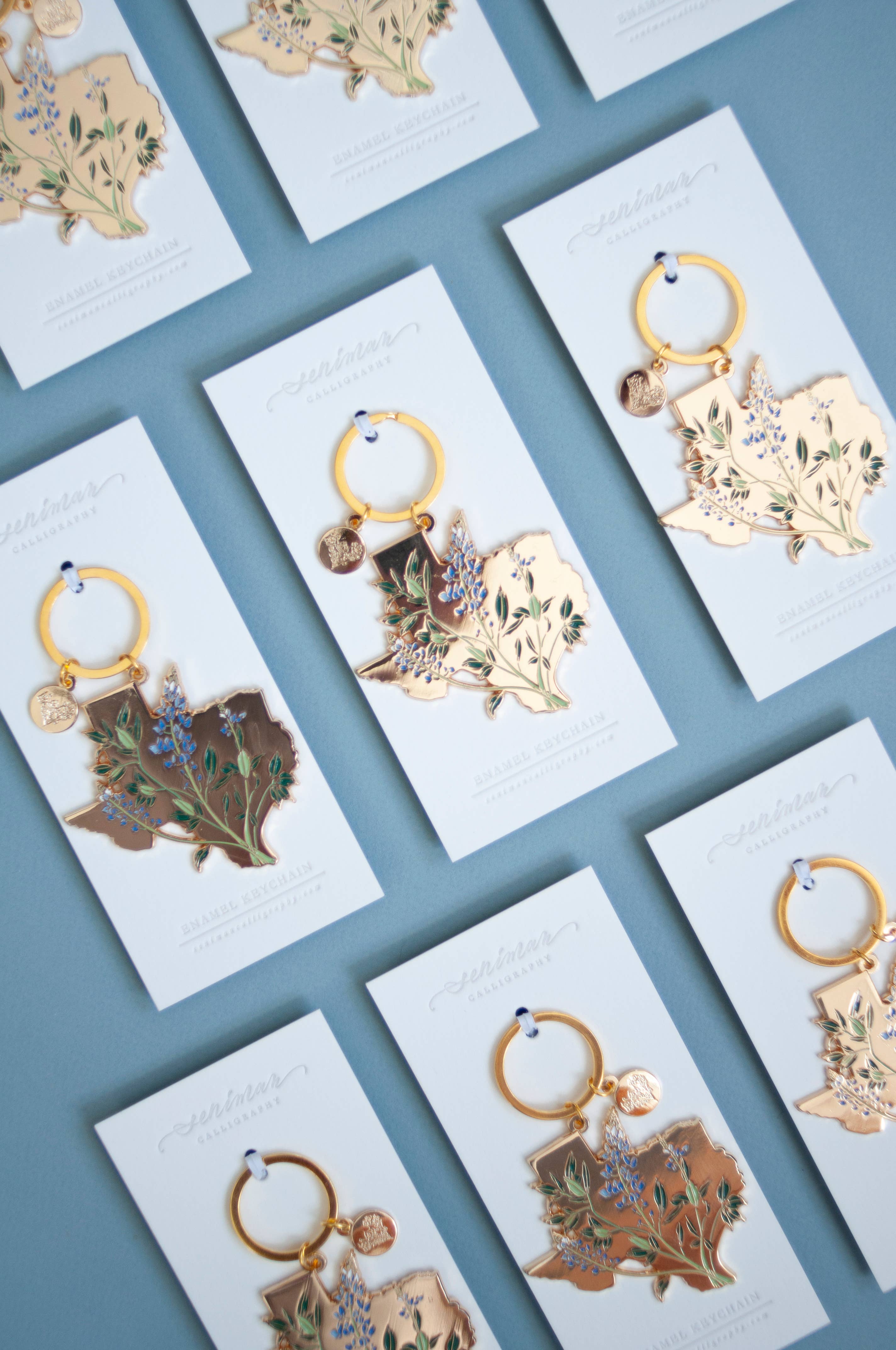 Seniman Calligraphy - Wholesale Keychain - Women's - Gold Texas Bluebonnet Soft Enamel Keychain1