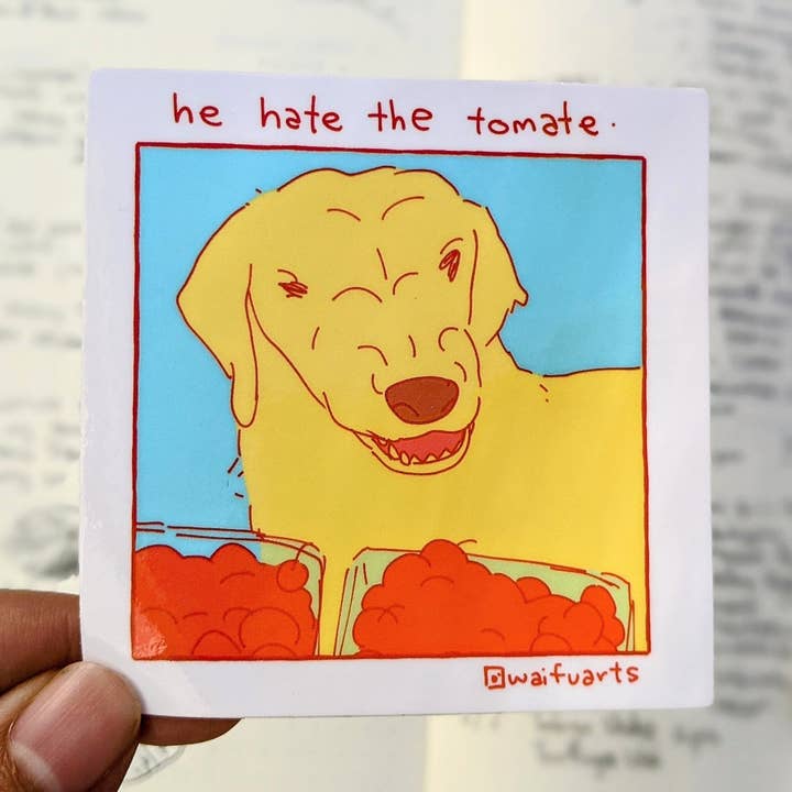 He Hate The Tomate 3"x3" Glossy Vinyl Sticker for wholesale by waifuarts
