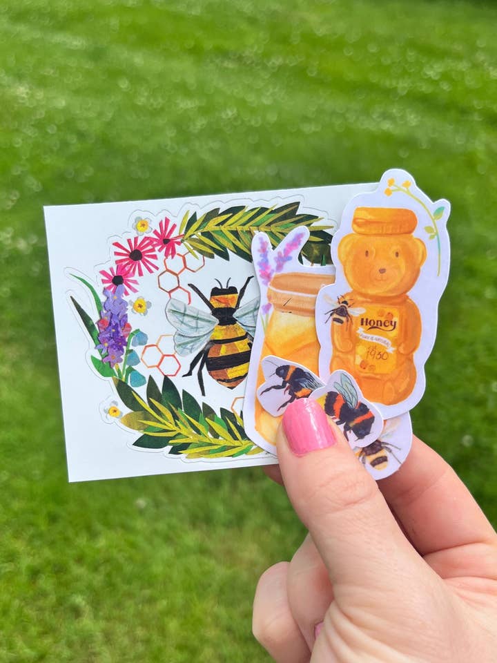Gift Ready Watercolor Honey Bee Sticker Set- Bumble Bee - Honey Jar & Bee Decals for Laptops, Journals, Waterbottle | Beekeeper | Naturalism for wholesale by glad you're here co