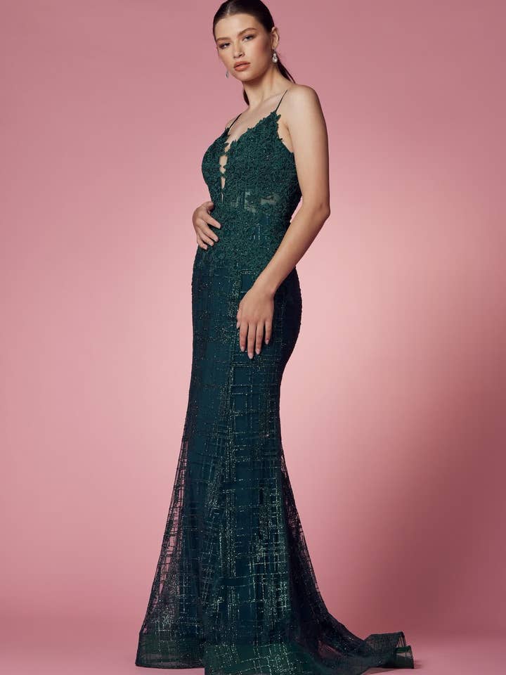 SMC Fashion - Wholesale Gown - Women's - Glitter Deep V-Neck Bodice Trumpet Long Prom Dress NXR282-16