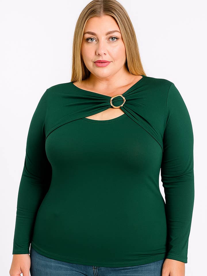 Plus Women long sleeve gold trim Peekaboo Holiday Top for wholesale by Story Teller