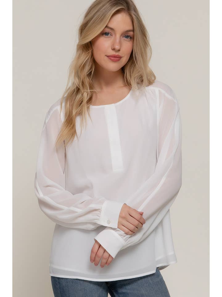 Active Basic | Active USA - Wholesale Blouse - Women's - Long Sleeve Round Neck with Hidden Placket Chiffon Blouse16