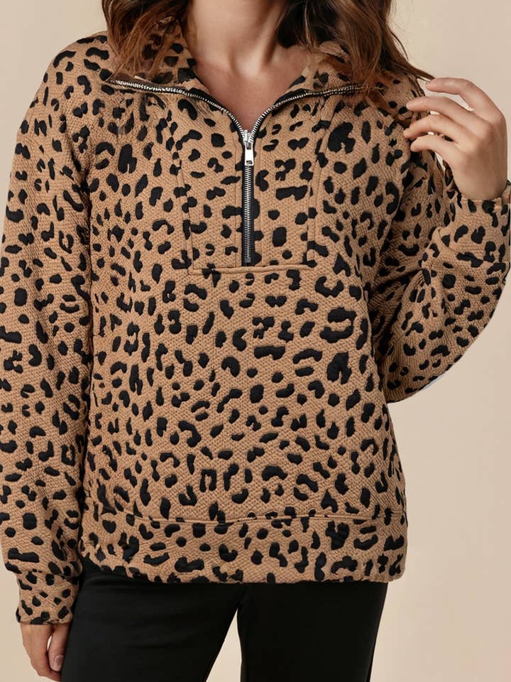 Leopard Print Quarter Zip Neck Long Sleeve Sweatshirt for wholesale by LA Society