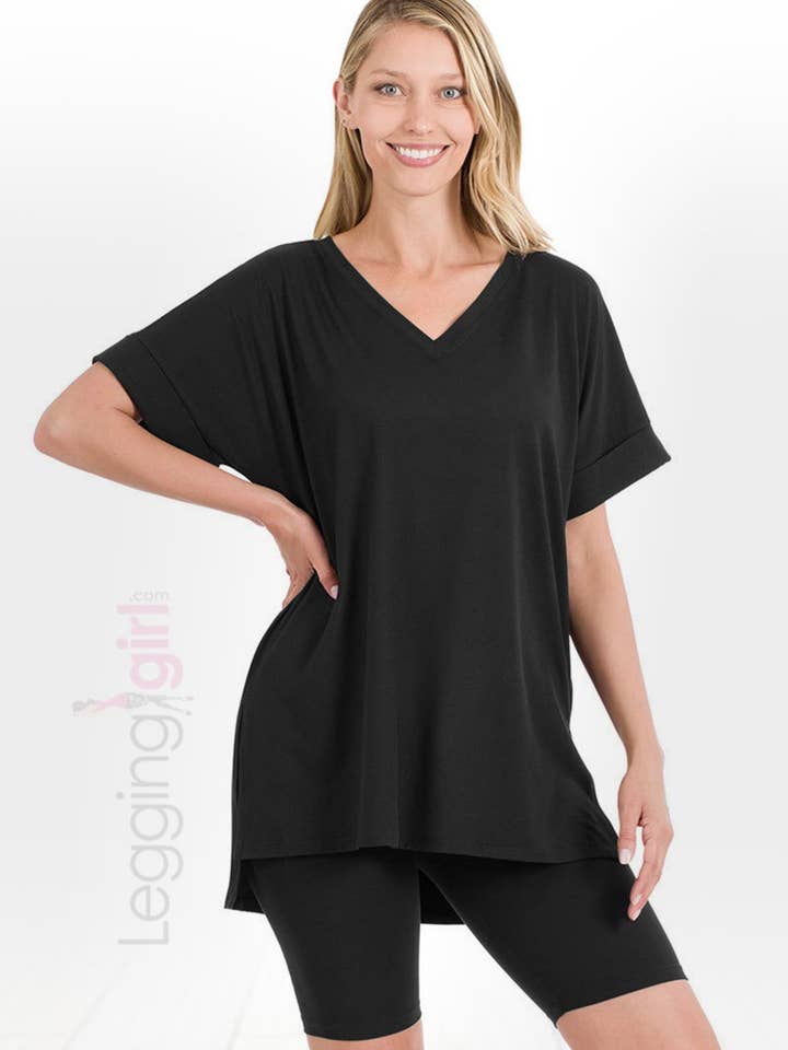 Ensemble haut et short de motard en microfibre - Noir pour la vente par LeggingGirl.com