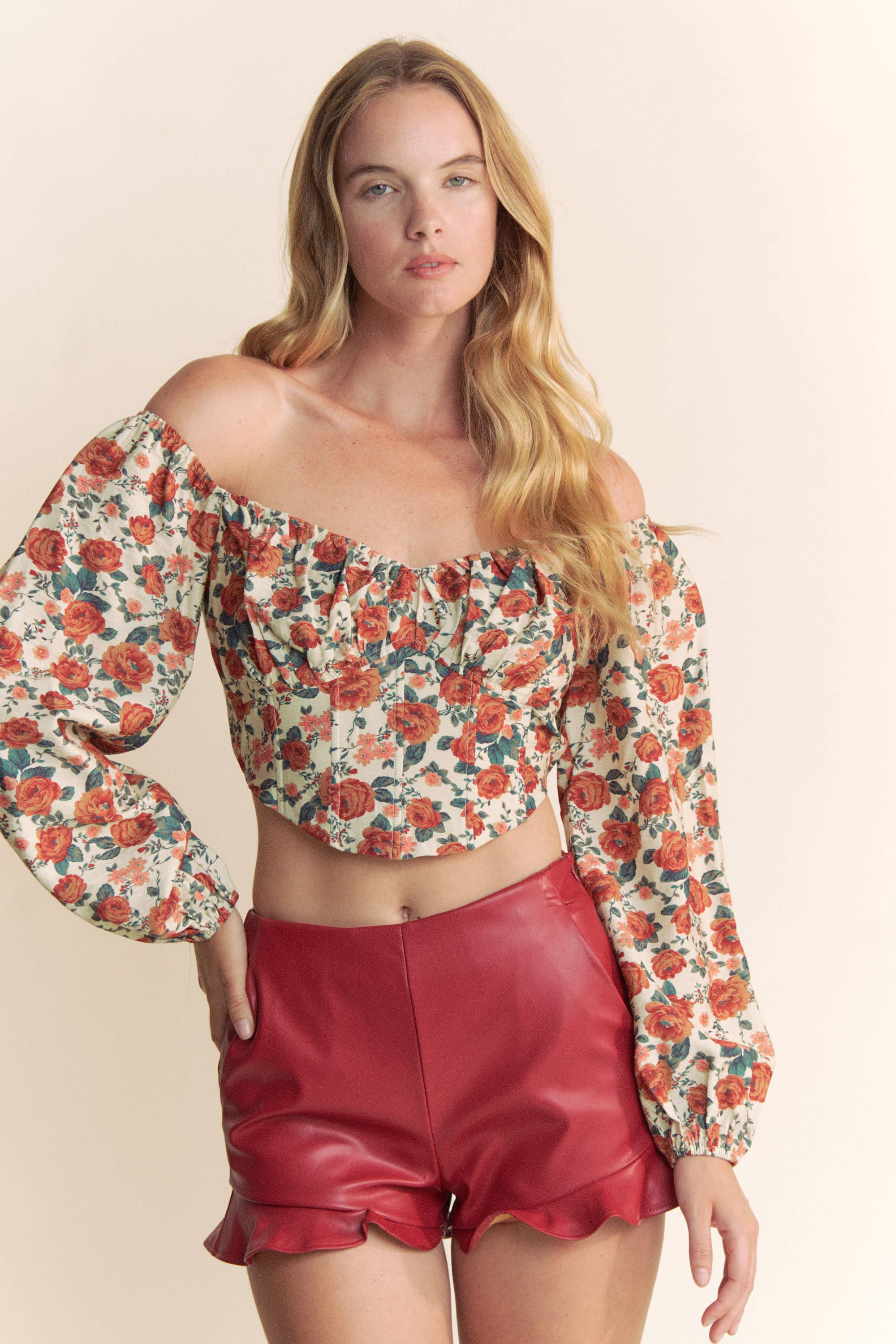 Taupe Multi OTTOMAN FLORAL PRINT LONG SLEEVE TOP for wholesale on Faire