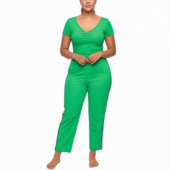 Pleione Plus Size Women's Striped Side Binding Pants In Green for wholesale by Robin K