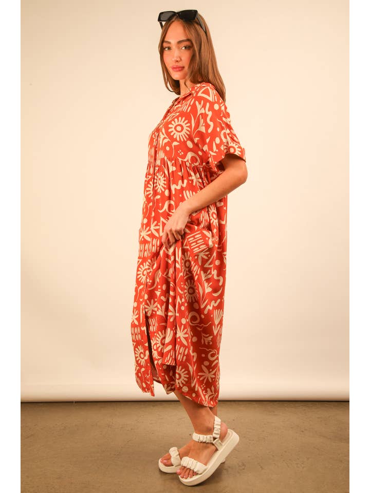 MÉLANGE COUCHER DE SOLEIL ND31583X-PLUS SIZE Robe midi à chemise imprimée surdimensionnée en vente sur Faire11