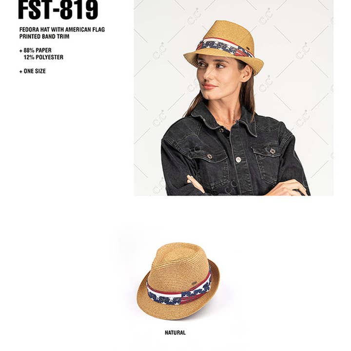 Hana - Wholesale Straw Hat - Women's - C.C American Flag Trim Band Fedora