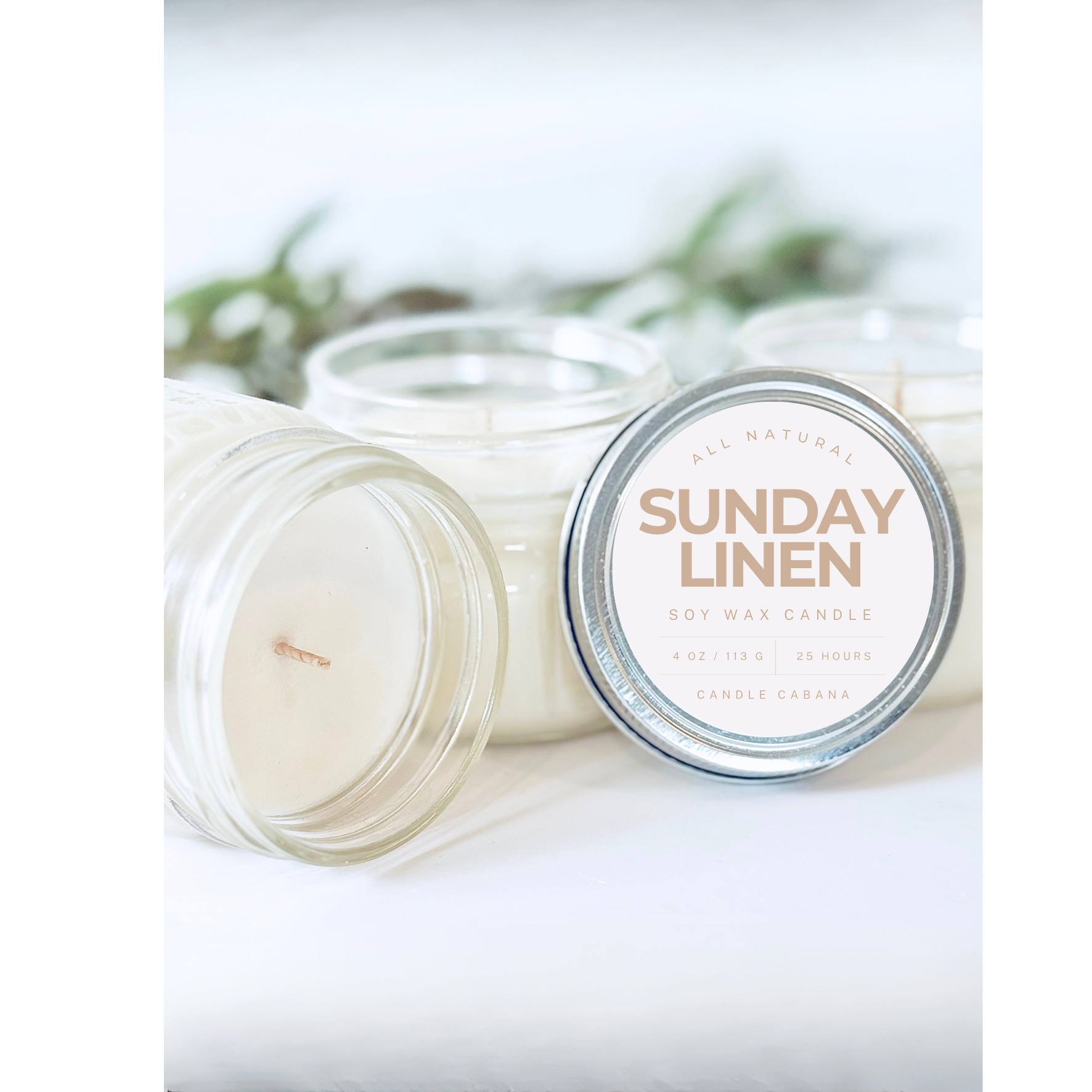 Candle Cabana - Wholesale Jar/Filled Candle - Sunday Linen 4 oz Mason Jar - 100% Natural Soy Candle0