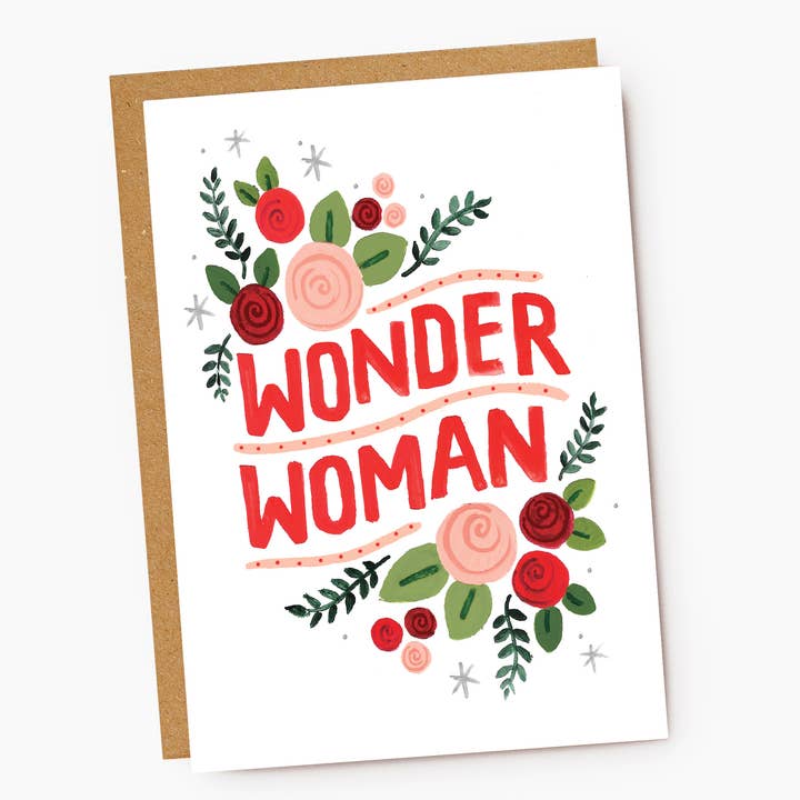 Jade Fisher – wholesale Friendship card – Wonder Woman - Red Floral Hand Lettered Card - Friend, Mum