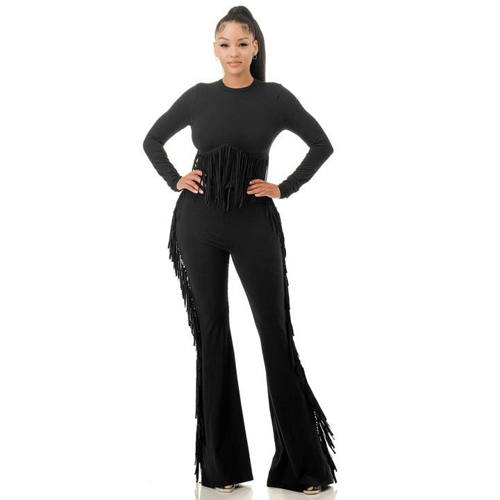 Plus Fringe Crop Top & Bell Bottom Pants Set for wholesale by DORCAS