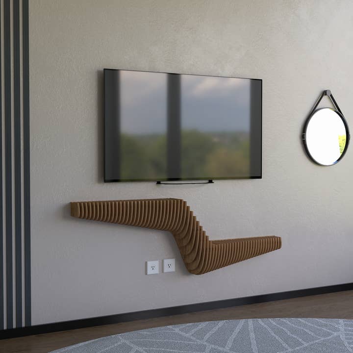 BATAMEX Parametrisches 57-Zoll-Schweberegal-TV-Einheit Modernes geometrisches Holz-Wandstück Dekor Natürliche Eichenfarbe 3D-Wellenförmiges Regal für Wohn- und Spielzimmer für den Großhandel von Wear Sierra