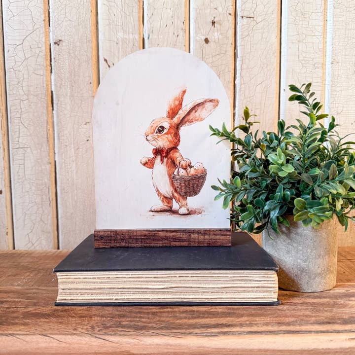 Bunny With Egg Basket Arched Wood Sign Shelf Sitter for wholesale by WillowBee Signs & Designs