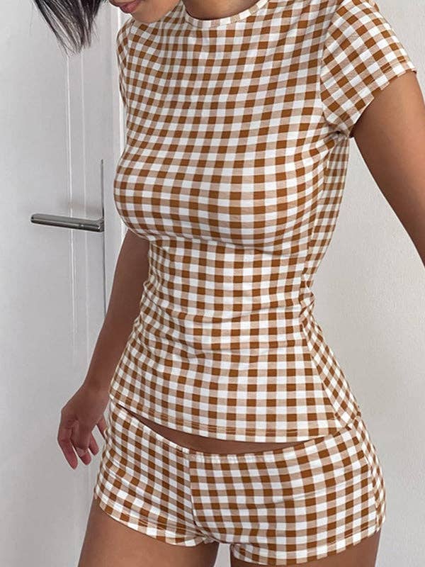 Brown Crew Neckline Shoulder Slimming Two Piece for wholesale on Faire