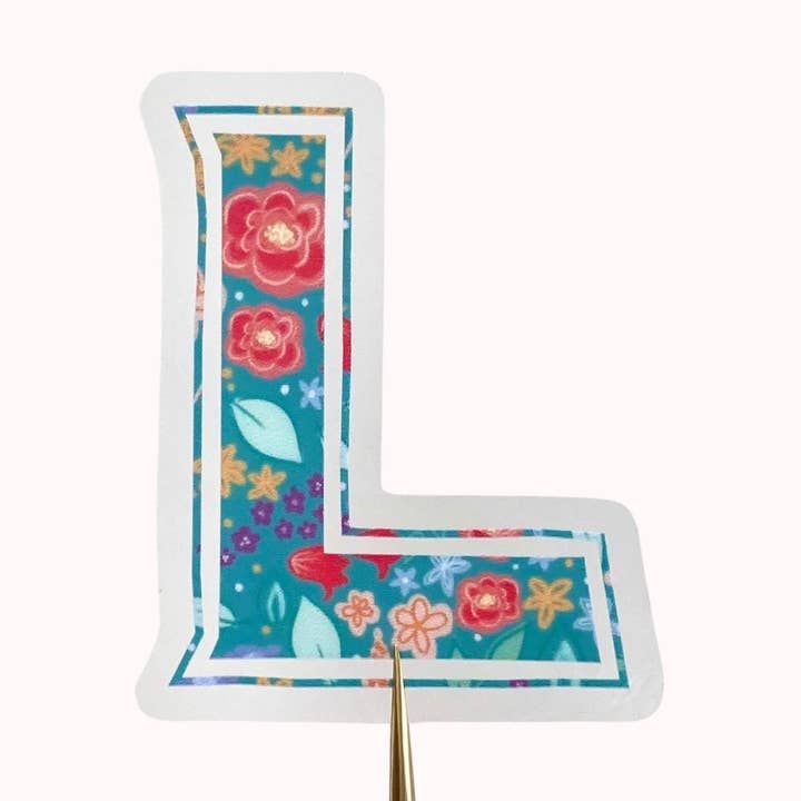 Letter “L” Initial Vinyl Sticker - Teal Wildflowers Floral for wholesale by Ditsy & Stitch