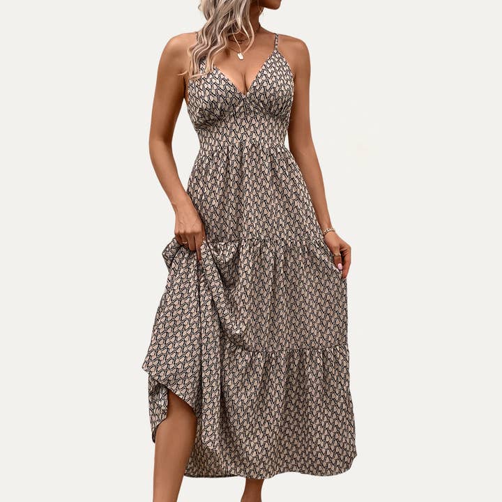 KAKI Robe maxi kaki tendance avec imprimé abstrait et bretelles à attacher dans le dos en vente sur Faire8