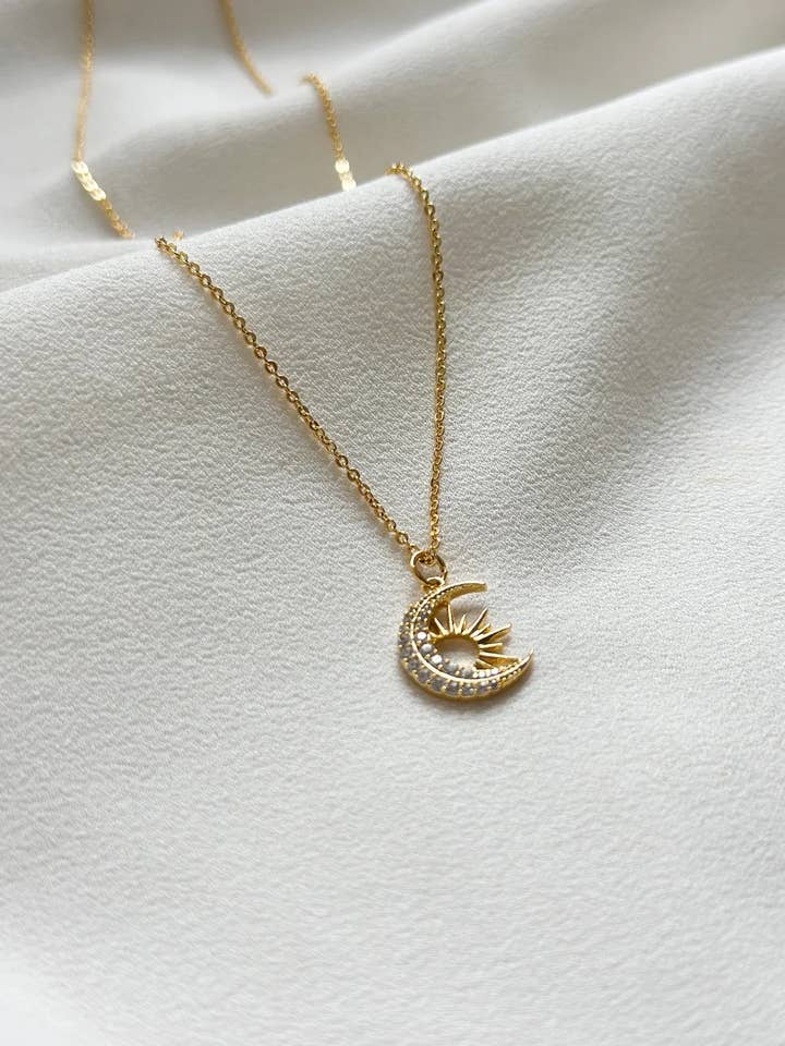 Sun and Moon CZ 18K Gold Pendant Necklace for wholesale by Ellis Grey Jewellery