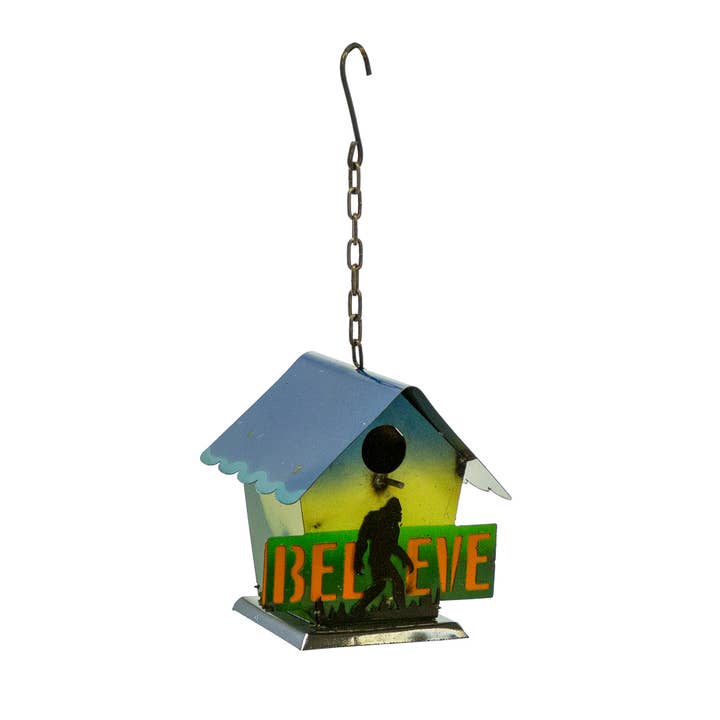 Hanging ''Believe'' Big Foot Birdhouse for wholesale by Rustic Arrow