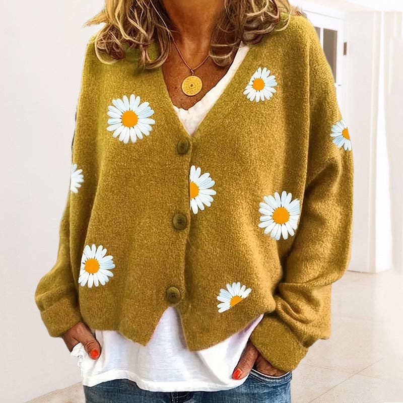 Sweetkama - Wholesale Cardigan - Women's - Ladies Sun Flower V-Neck Long Sleeves Sweater 23695
