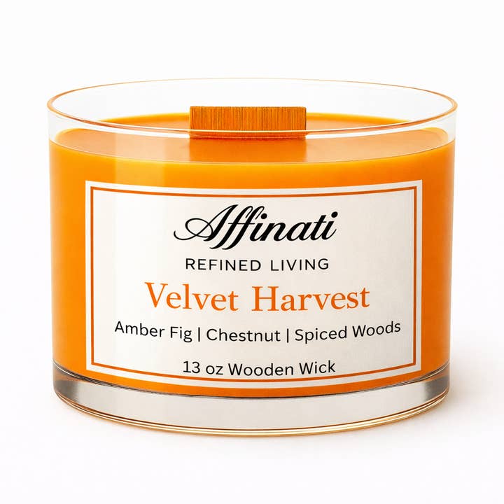 Vela de Cosecha de Terciopelo con Mecha de Madera – Lujo 13 oz Mezcla de Soja | Affinati para venta al por mayor de Affinati