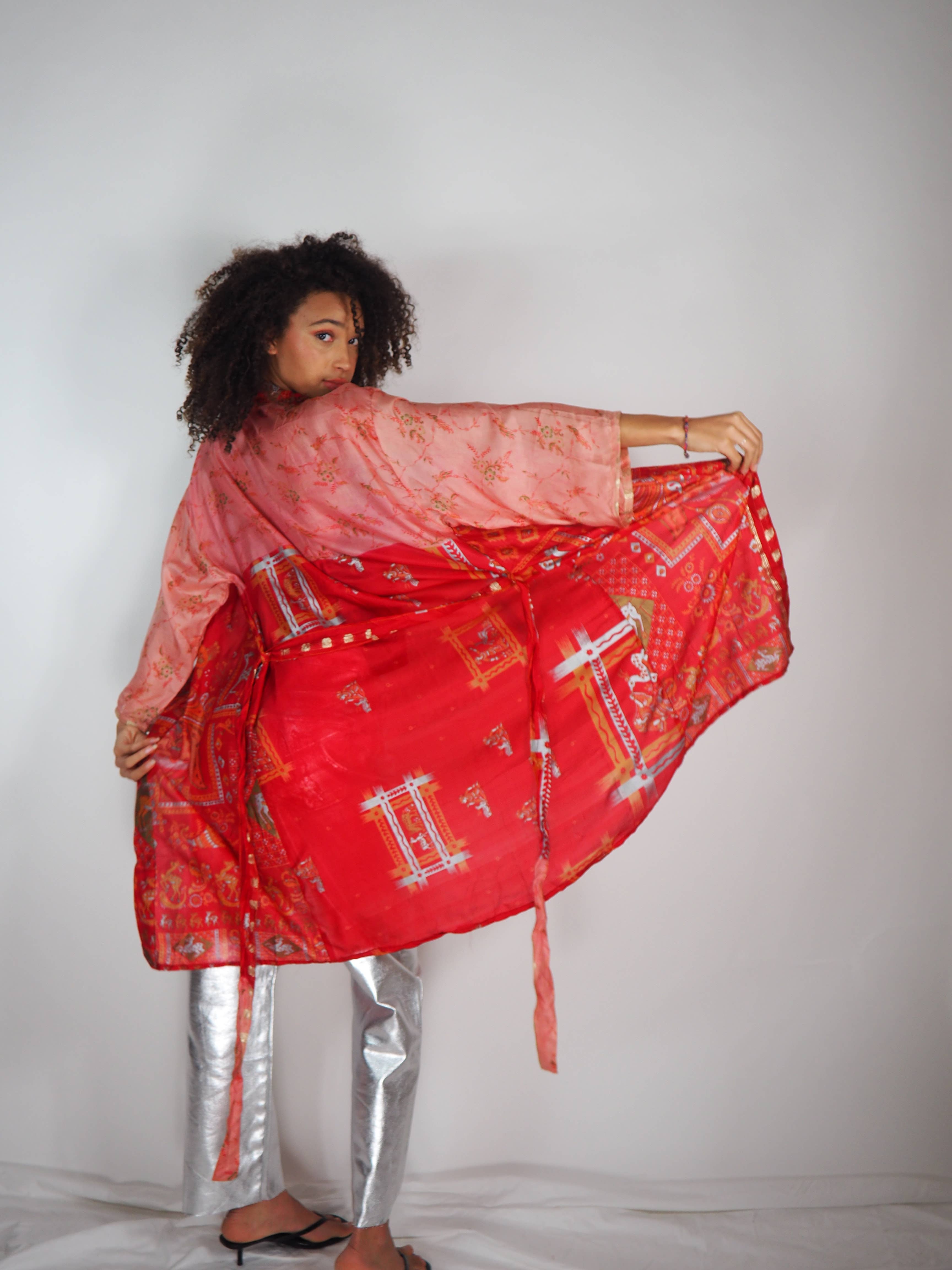 Vagabond Ibiza - Wholesale Kimono - Women's - The Kardash Kimono Mid-Length – Upcycled Vintage Sari Kimono10