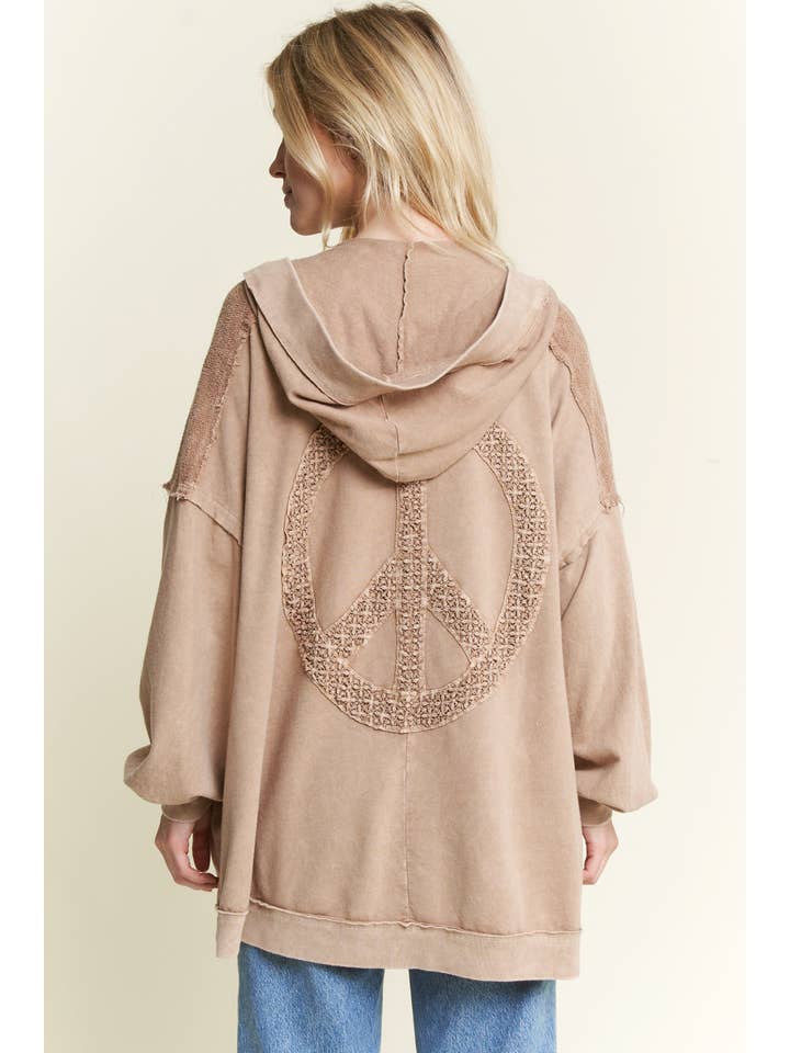 J.Her - Wholesale Cardigan - Women's - Mineral Wash Open Terry Cardigan with peace sign HT6086