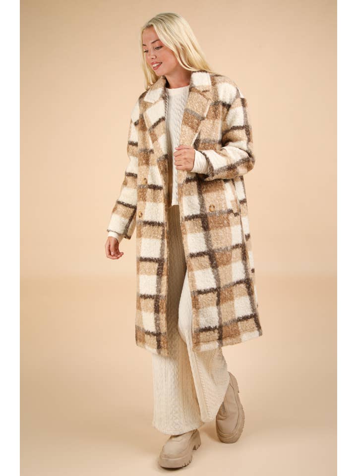 VERY J - Wholesale Coat - Women's - NJ90324X-PLUS SIZE Plaid Soft Fuzzy Button Down Long Coat