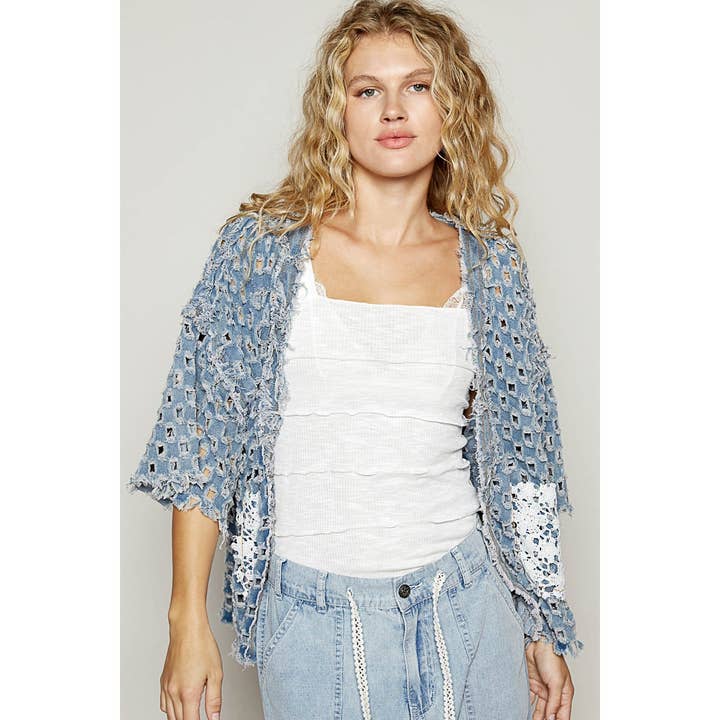 Pol Clothing - Wholesale Cardigan - Women's - Short sleeve open knitted woven open cardigan2