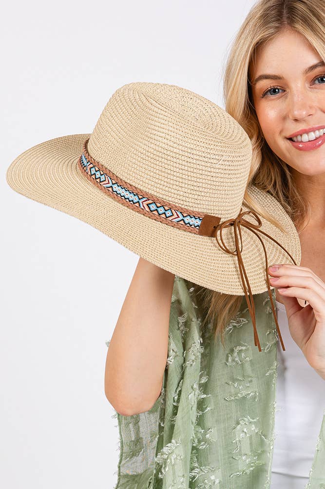Hana – wholesale Stråhatt – Dam – Vävd Boho Aztekiskt Mönster Band Sommar Solhatt7