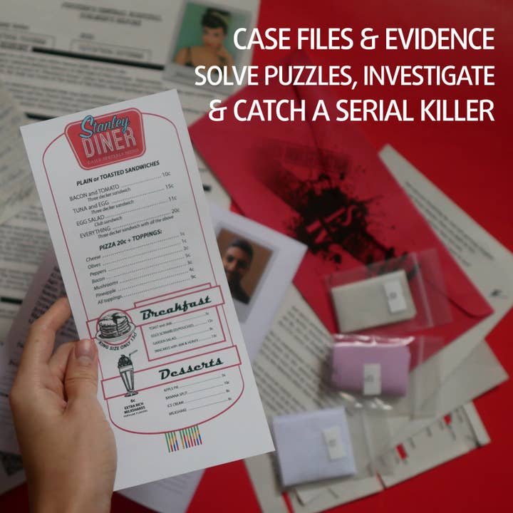 Scarlet Envelope - Wholesale Puzzle - Adult - Murder Mystery Puzzle Game "Breakfast for a Serial Killer"