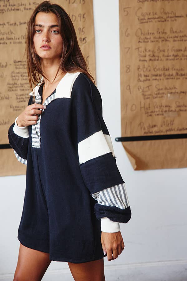 BUCKETLIST INC - Wholesale Romper - Women's - R5507A French Terry Color-block Collared Loose Fit Romper19