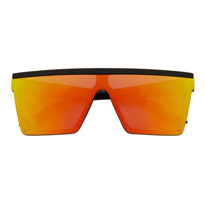 LAZER - Moderne Platte Rechthoekige Zonnebril Zacht Mat Zwart Oranje Spiegel voor wholesale door Morspecs