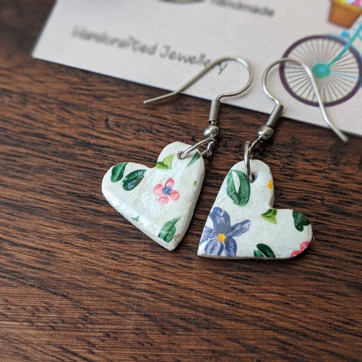 Floral hearts small clay earrings for wholesale by With Clay & Paint
