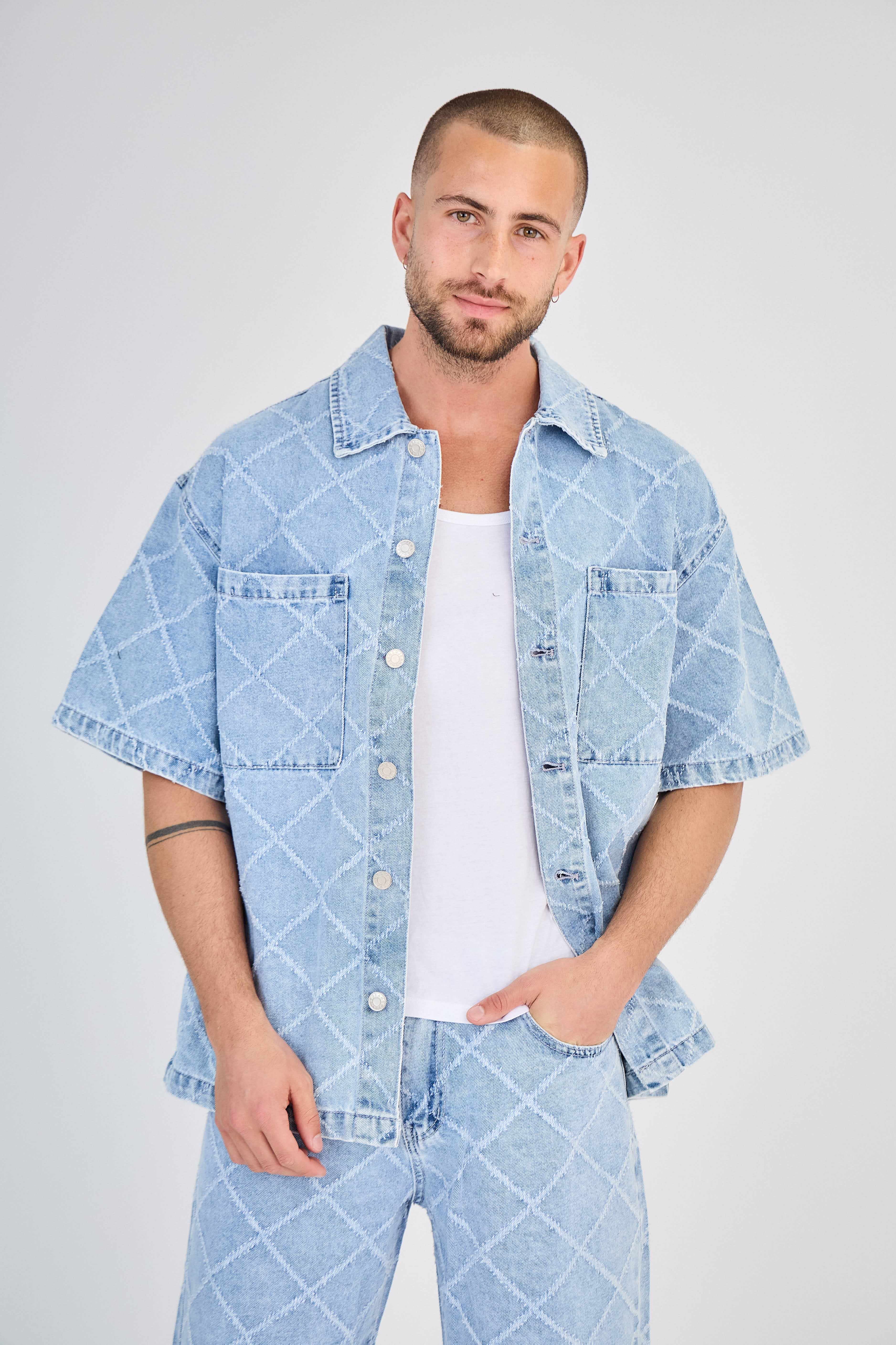TOP MONDAY - Wholesale Top & Short Set (NOT Loungewear) - Men's - Blue Checkered Jeans Set4