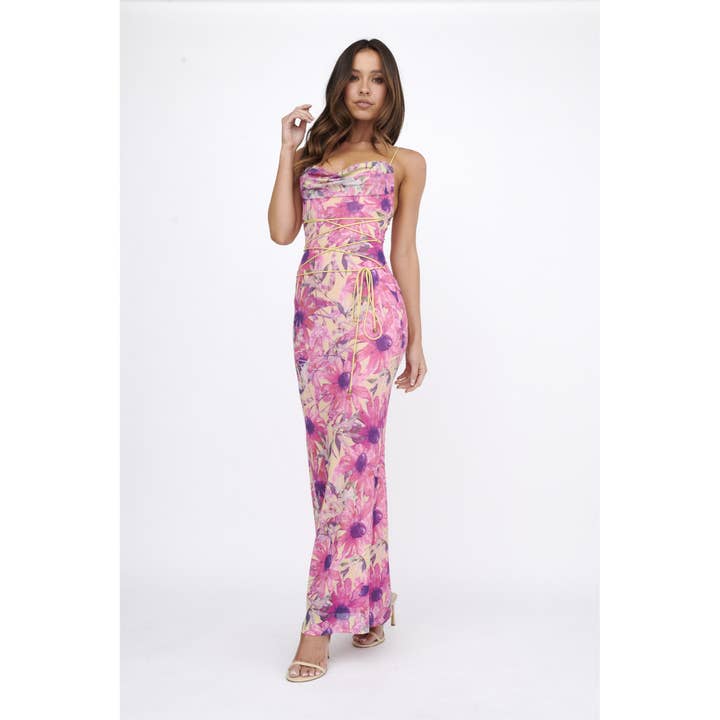 PINK COWL NECK LACE FRONT DETAIL MAXI DRESS for wholesale on Faire