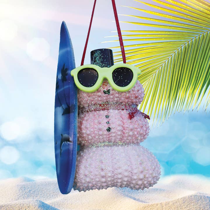Surfer Pink Sea Urchin Snowman Ornament for wholesale by California Seashell Company