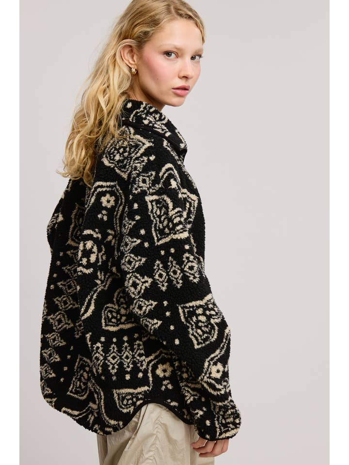 Black Paisley Patchwork Print Sherpa Pullover for wholesale on Faire