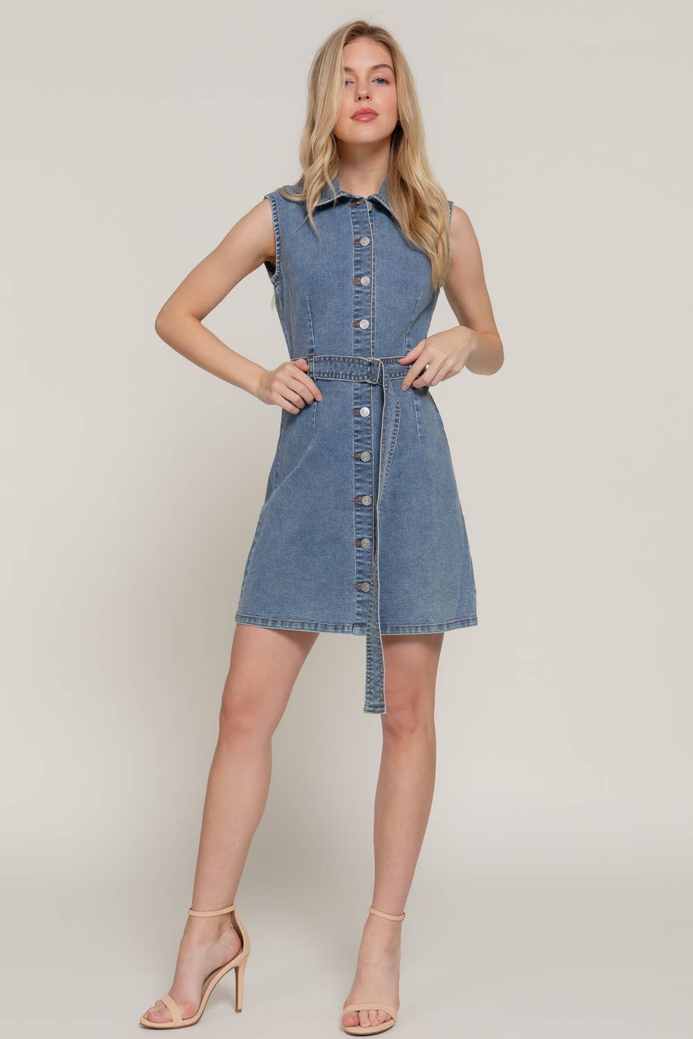 Sleeveless Button Down Stretch Denim Mini Shirt Dress for wholesale on Faire5