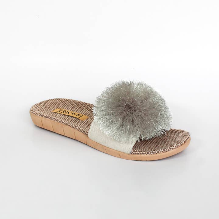 Pom Pom Slides – Silver | Women’s Slip-On Summer Sandals for wholesale by La-a SOLE