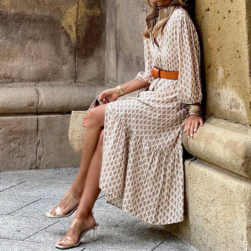 Khaki Printed V-Neck Long Dress with Belt for wholesale on Faire2