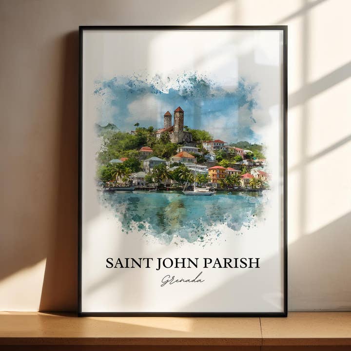 Väggkonst från Saint John Parish, Grenada-tryck, Grenada-akvarell, Grenada-present, Grenada-resetryck, reseaffisch, inflyttningspresent för wholesale av Premium Travel Art