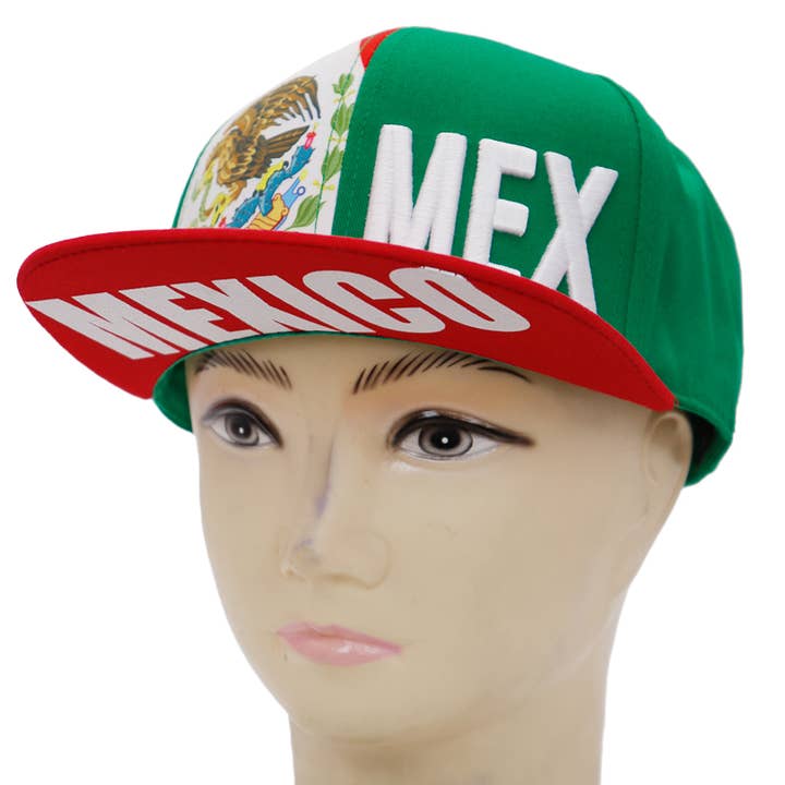 Cap Zone - Wholesale Flat Brim Cap - Unisex - Mexican Flag Coat of Arms Split Flat Bill Snapback