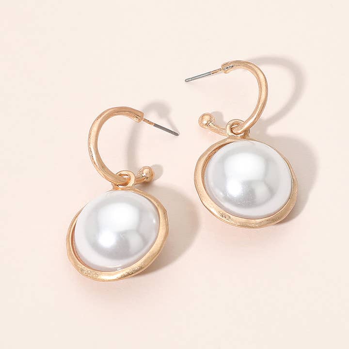 Round Pearl Bezel Drop Hoop Earrings for wholesale by Sensibling Corp.
