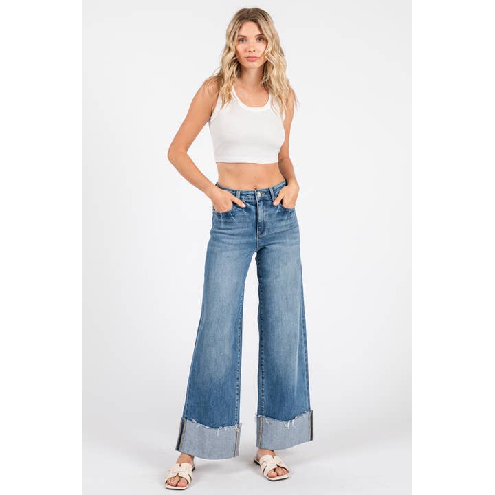 P1312W-MD HIGH RISE STRETCH WIDE LEG W/ CUFFED HEM JEANS for wholesale by Petra153