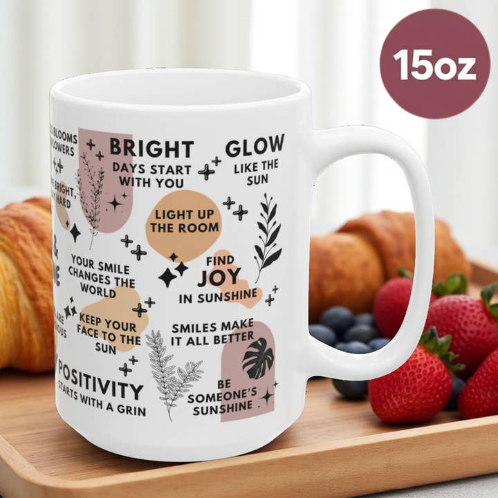 EMESLY - Wholesale Coffee Mug - Smiles & Sunshine Motivational Ceramic Coffee Mug; 11oz/15oz5