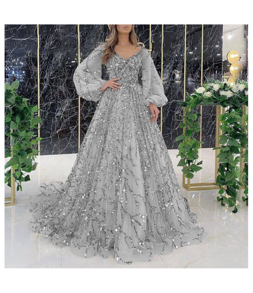 pinkblu02 - Wholesale Formele jurk - Dames - Kralen Avondjurk Met Pofmouwen Maxi Jurken5