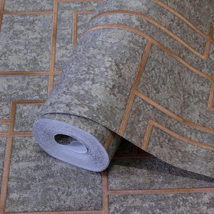 Dark Gray Geometric Embossed Bronze Lines Wallpaper, 3D Textured Abstract, Natural, Non-Woven, Non-Pasted, Large 114 sq ft Roll, Washable for wholesale by Walloro Luxury Embossed Wallpaper