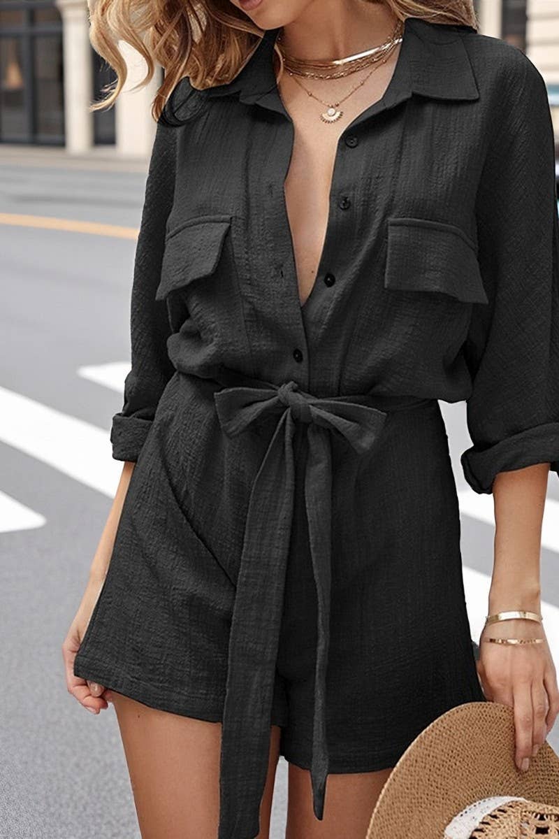 BLACK CWSJS00304_SOLID COLOR COTTON AND LINEN SHIRT JUMPSUIT for wholesale on Faire0