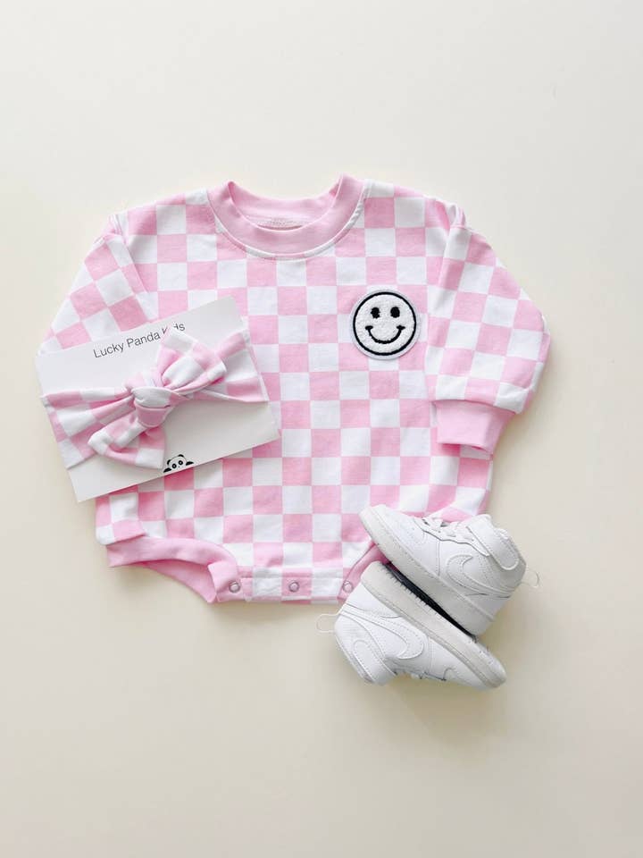 Lucky Panda Kids - Wholesale Bodysuit (Non-Footed) - Baby - Baby Bubble Romper | Checkered Smiley Pink0