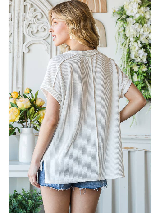 7th Ray - Venta al por mayor Túnica - Mujer - Top de manga corta con hombro caído, costilla sólida y abertura lateral T516015